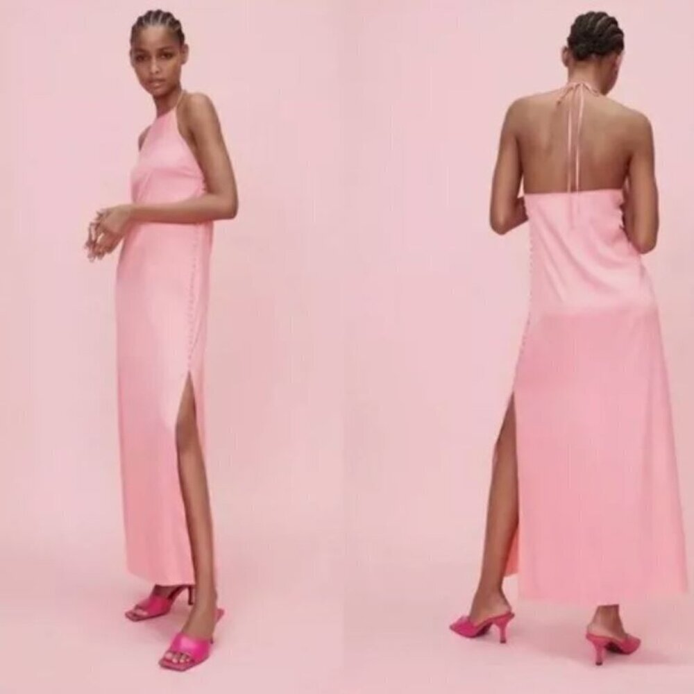 ZARA SS21 LIGHT PINK SATIN EFFECT BUTTONED DRESS SIZE S 4886 421 644